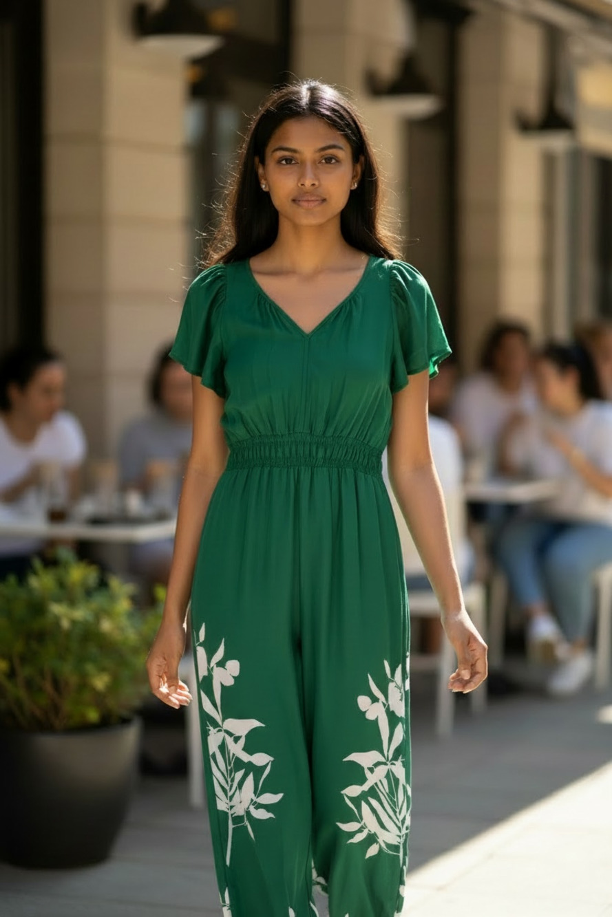 Anthropologie Green Floral Smocked Jumpsuit with Puff Sleeves